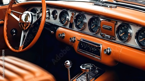 Luxurious leather interior of a retro car control panel © AV Creations