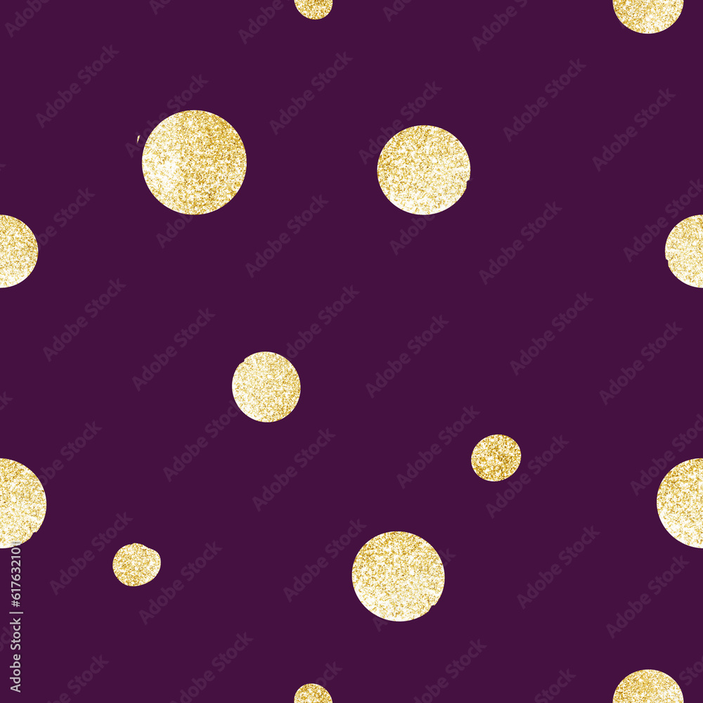 Seamless pattern. Summer night. Dark purple background, golden round stars. Deliberate negligence. For textiles, invitations, wallpapers, tablecloths. Festive mood, romance