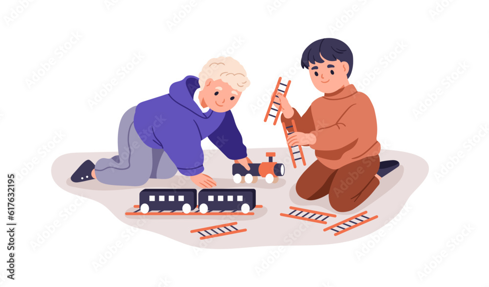 Kids playing with toy train, railroad. Preschool children friends have fun with railway together. Happy little boys during game, indoor activity. Flat vector illustration isolated on white background