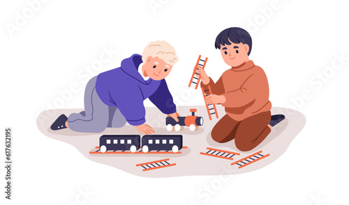Kids playing with toy train, railroad. Preschool children friends have fun with railway together. Happy little boys during game, indoor activity. Flat vector illustration isolated on white background
