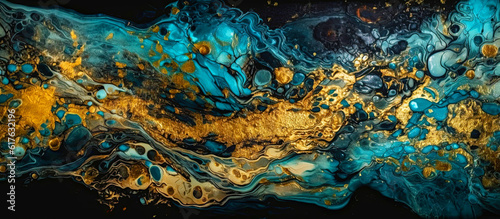 Generative AI illustration in gold and black ink and for abstract marble backgrounds. Horizontal, panoramic background.