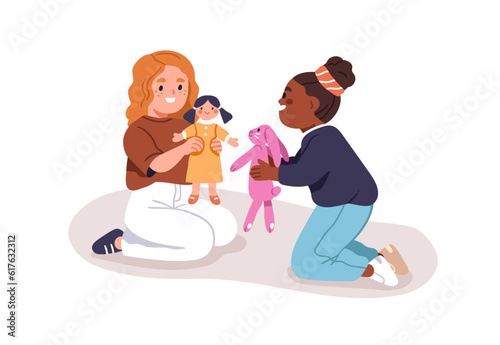 Kids playing with dolls. Happy cute little girls with toys. Preschool kindergarten children together. Toddlers friends during game. Flat graphic vector illustration isolated on white background
