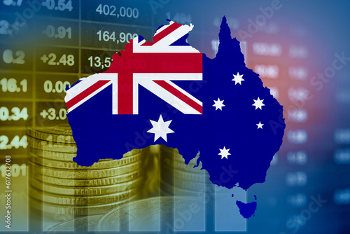 A;ustralia flag with stock market finance, economy trend graph digital technology. photo