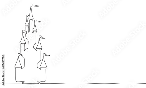 Fairy castle isolated on white background. One line continuous castle vector illustration. Outline, line art silhouette