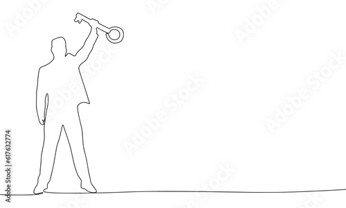 Man with key isolated on white background. One line continuous win concept vector illustration. Outline, line art silhouette