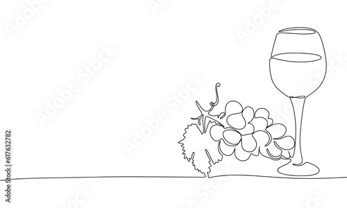 A bunch of grapes and a glass of wine isolated on white background. One line continuous wine concept vector illustration. Outline, line art silhouette