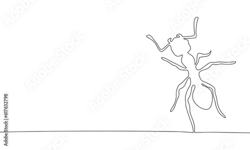 Ant insect isolated on white background. One line continuous ant vector illustration. Outline, line art silhouette