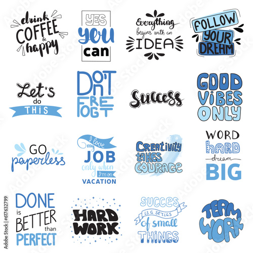 Big collection phrases about work, job, office. Hand drawn text. Vector illustration.