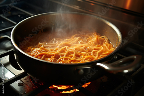 A spaghetti being cooked in the saucepan in boiling water on the stove in kitchen,generative.ai