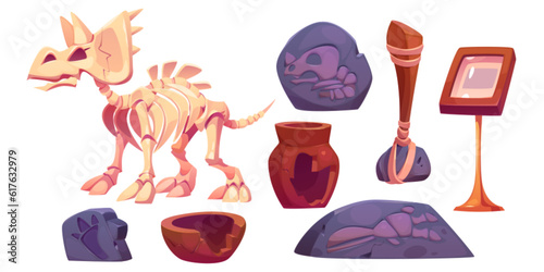 Fossil dinosaur skeleton for museum vector cartoon icon set. Stone footprint, triceratops bone and skull isolated on background. Dig ancient jurassic archaeologist discovery exhibit with broken vase