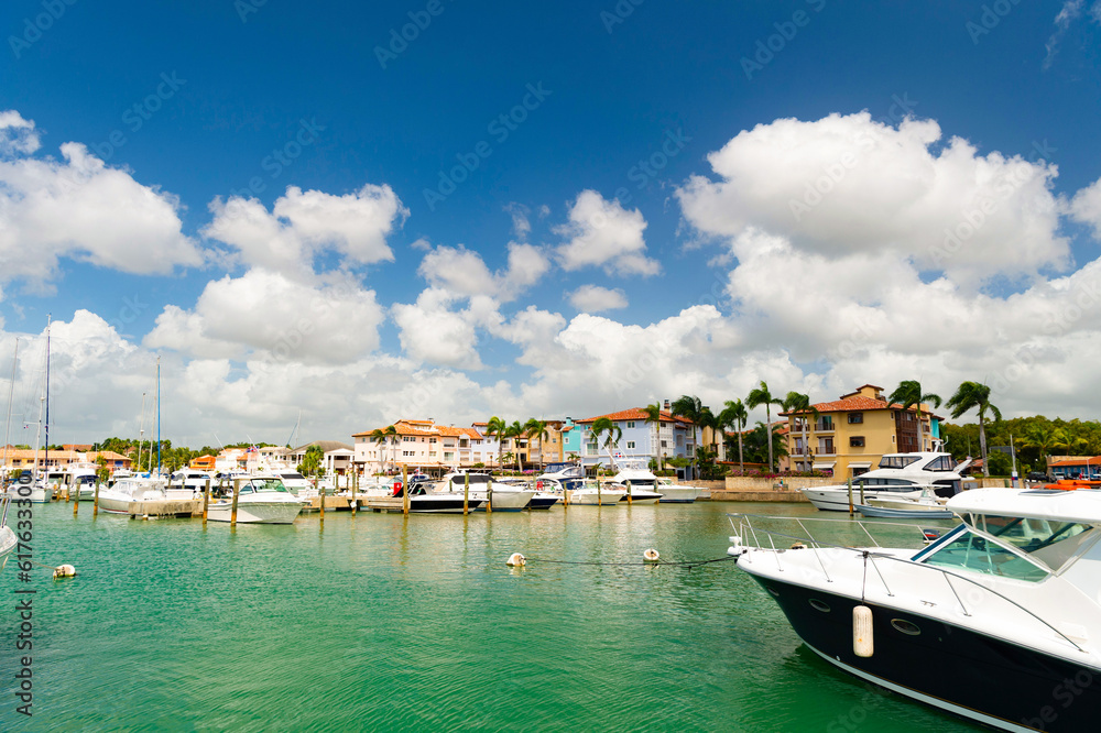 image of summer harbour with yacht docked. yacht harbour in summer.