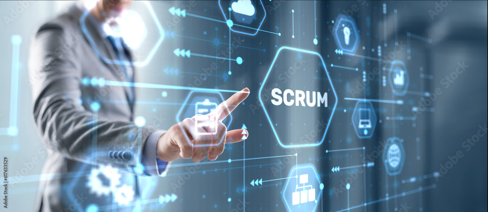 Businessman presses a button Scrum process software development outline concept Businessman presses a button Scrum process software development outline concept