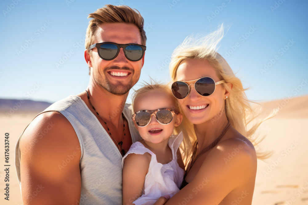 Close up of a young couple with their baby while on a beach holiday. Generative AI