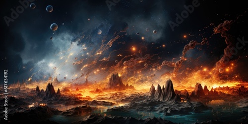 Dramatic abstract space solar landscape. Planets, stars, and moons in a supernova. Science fiction art.