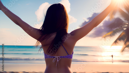A woman spreading her arms and enjoying an ocean view at a beach
