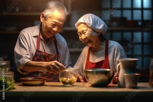 Happy Asian seniors in the kitchen at home. Grandfather cooking. Spicy salad with grandma. Happy  smiling  retirement life together. Relationships and way of life of the elderly