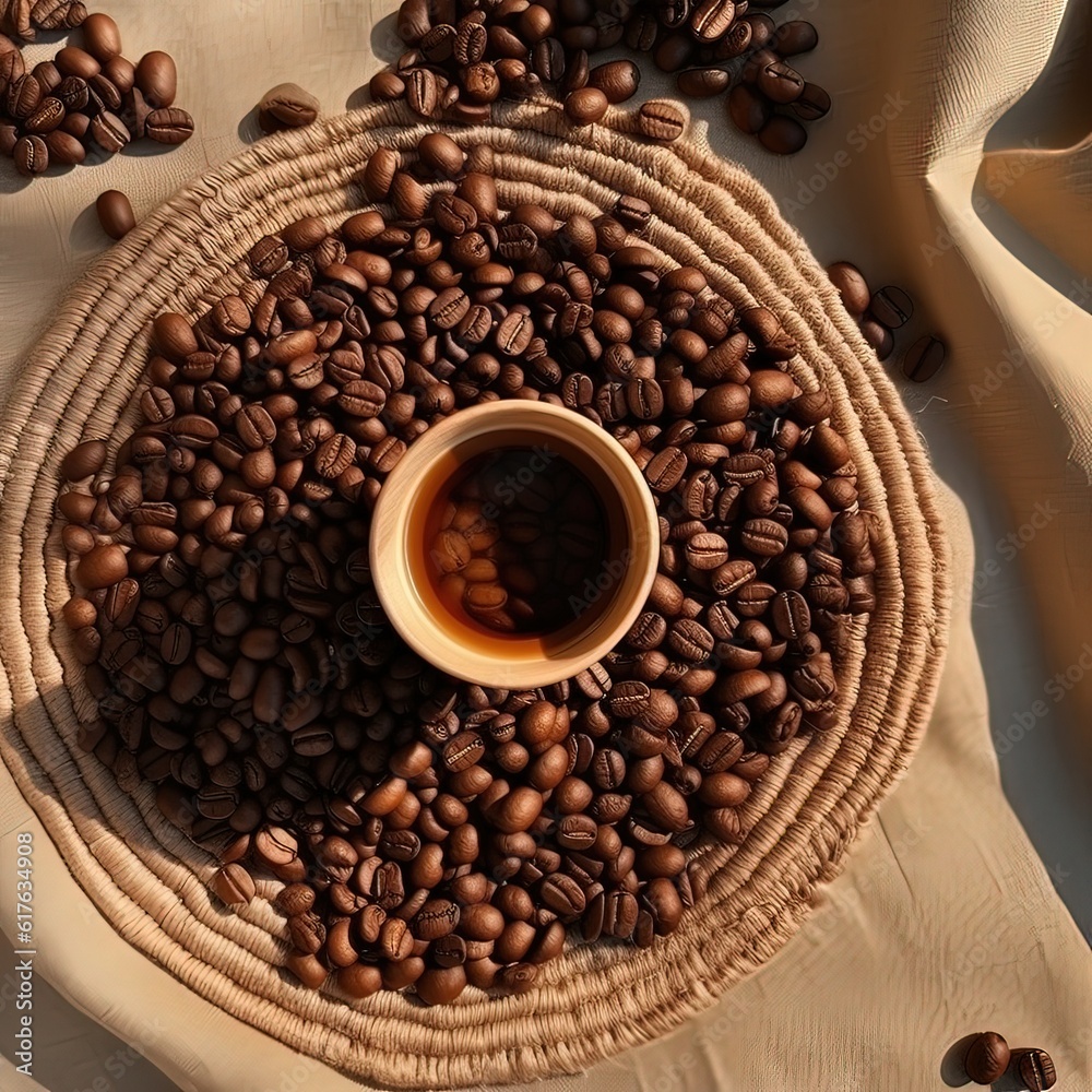 Fototapeta premium Top view of a Cup of coffee and coffee beans with jute bag in a the table on dark background. Generative Ai.