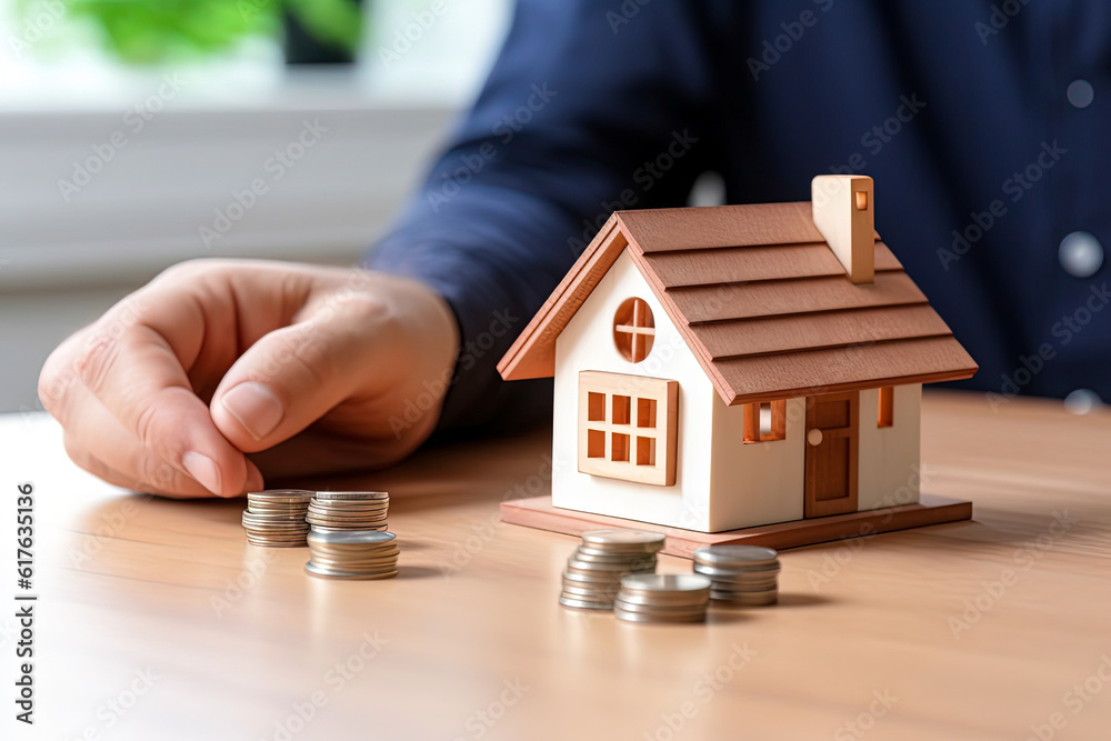 Mortgage concept: house, coins and agent or broker. Buying house, real estate or insurance. Generative AI Mortgage concept: house, coins and agent or broker. Buying house, real estate or insurance. Generative AI