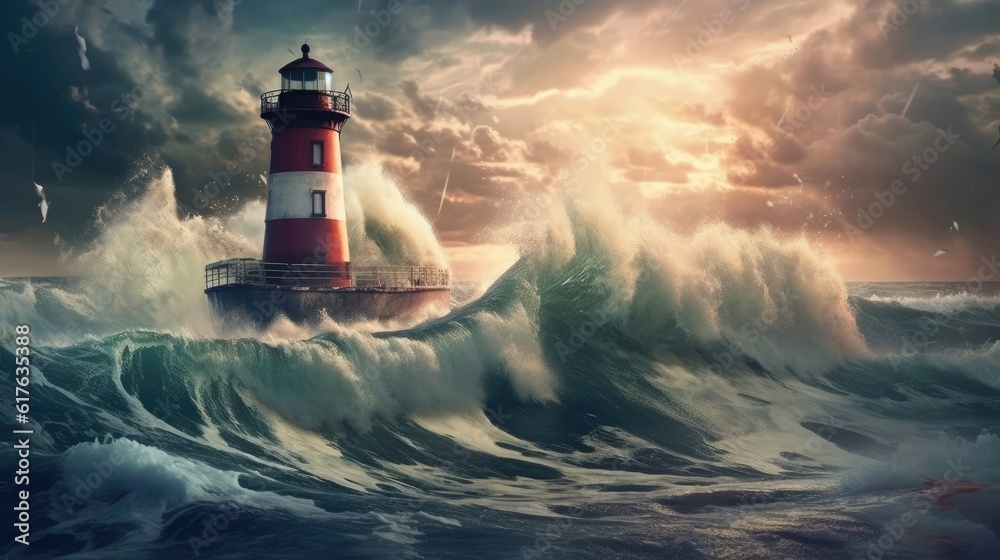 A photo of a ship in a storm near a lighthouse. (Illustration, Generative AI)