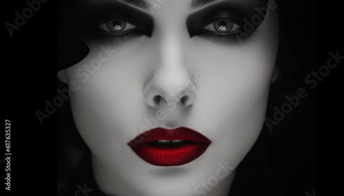 Beautiful woman with black hair and shiny lips in close up generated by AI