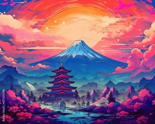 In vapor wave synth background, Fuji Yama mountain landscape in Japan. (Illustration, Generative AI)