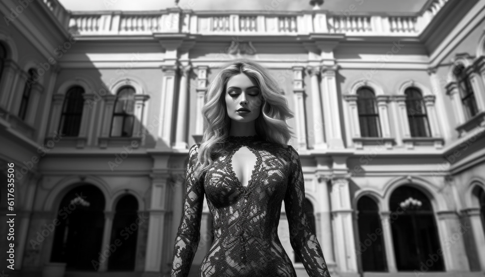 Black and white fashion model exudes sensuality in city streets generated by AI