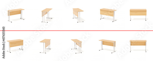 A set of school desks at different angles from the front, side and back on a white background. 3d illustration, 3d image.