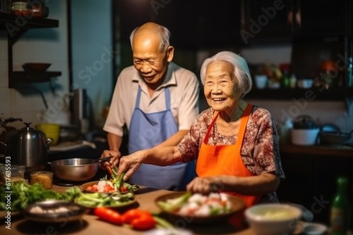 Happy Asian seniors in the kitchen at home. Grandfather cooking. Spicy salad with grandma. Happy  smiling  retirement life together. Relationships and way of life of the elderly