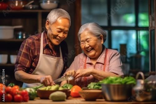 Happy Asian seniors in the kitchen at home. Grandfather cooking. Spicy salad with grandma. Happy, smiling, retirement life together. Relationships and way of life of the elderly