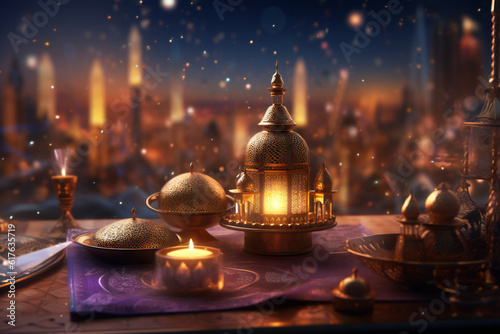 Ramadan kareem eid mubarak royal elegant lamp with mosque holy gate with fireworks generative AI