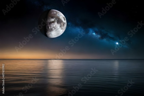 close look of moon over water with some other starts like neptune in the sky 
