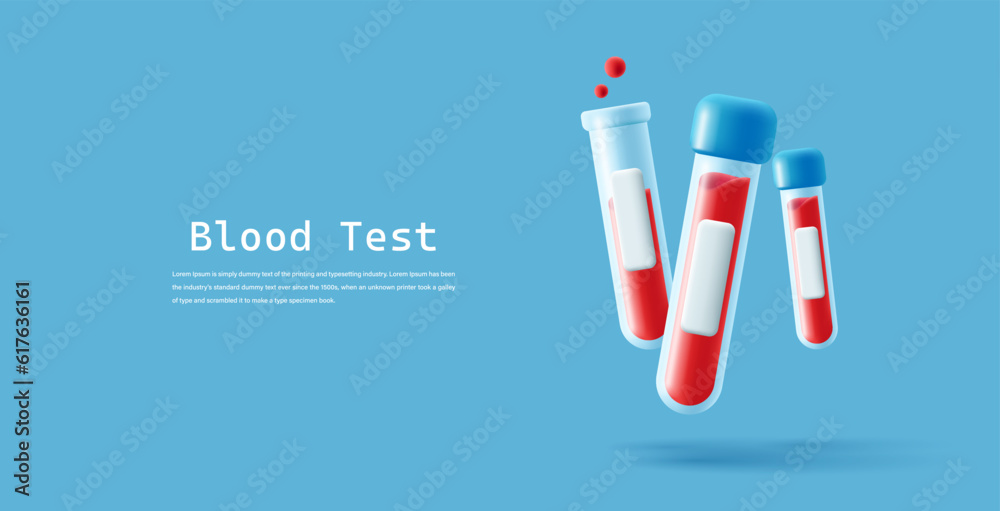 Medical Test blood sample tube beaker with cap and name label, 3d icon, laboratory banner illustration Medical Test blood sample tube beaker with cap and name label, 3d icon, laboratory banner illustration