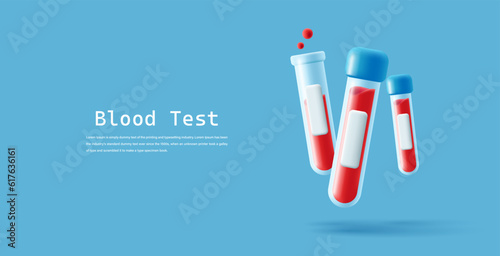 Medical Test blood sample tube beaker with cap and name label, 3d icon, laboratory banner illustration