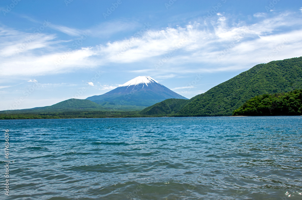 富士山と本栖湖｜青く輝く湖と美しい富士山の冠雪に見とれます
