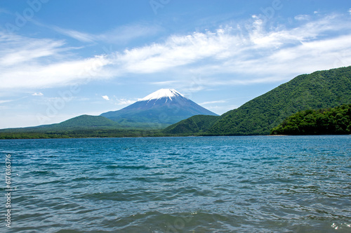 富士山と本栖湖｜青く輝く湖と美しい富士山の冠雪に見とれます 