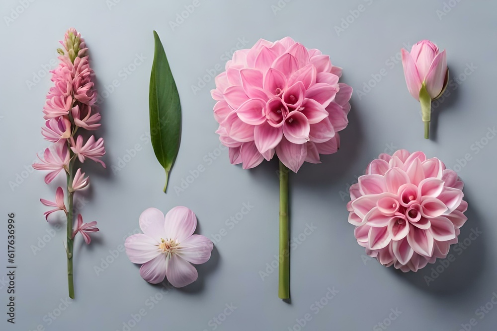 a set of unique flowers isolated on the transparent background , top view