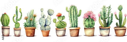 Cactus potted, watercolor painting.