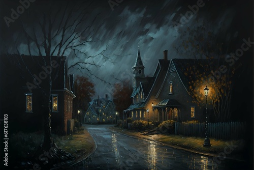 Fotografia a wide shot landscape oil painting of salem village on a rainy dark halloween ni