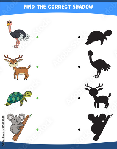 vector illustration finding the correct shadow wild animals ostrich deer turtle koala printable