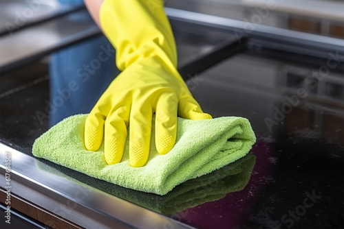Domestic female hand wearing gloves cleaning dirty stove after cooking using sponge for washing woman housewife,generative.ai