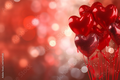 Red heart air balloon background with glitter bokeh shapes on ribbons design concept generative AI