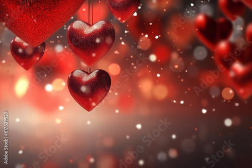 Red heart air balloon background with glitter bokeh shapes on ribbons design concept generative AI