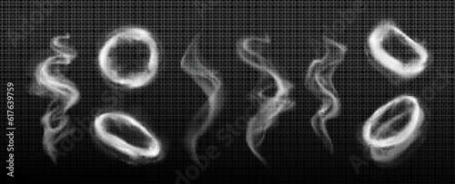 Hookah vape smoke circle and tornado vector effect. 3d realistic abstract white cigarette cloud steam swirl set. Isolated mist flow motion frame and wave curve illustration on black background.