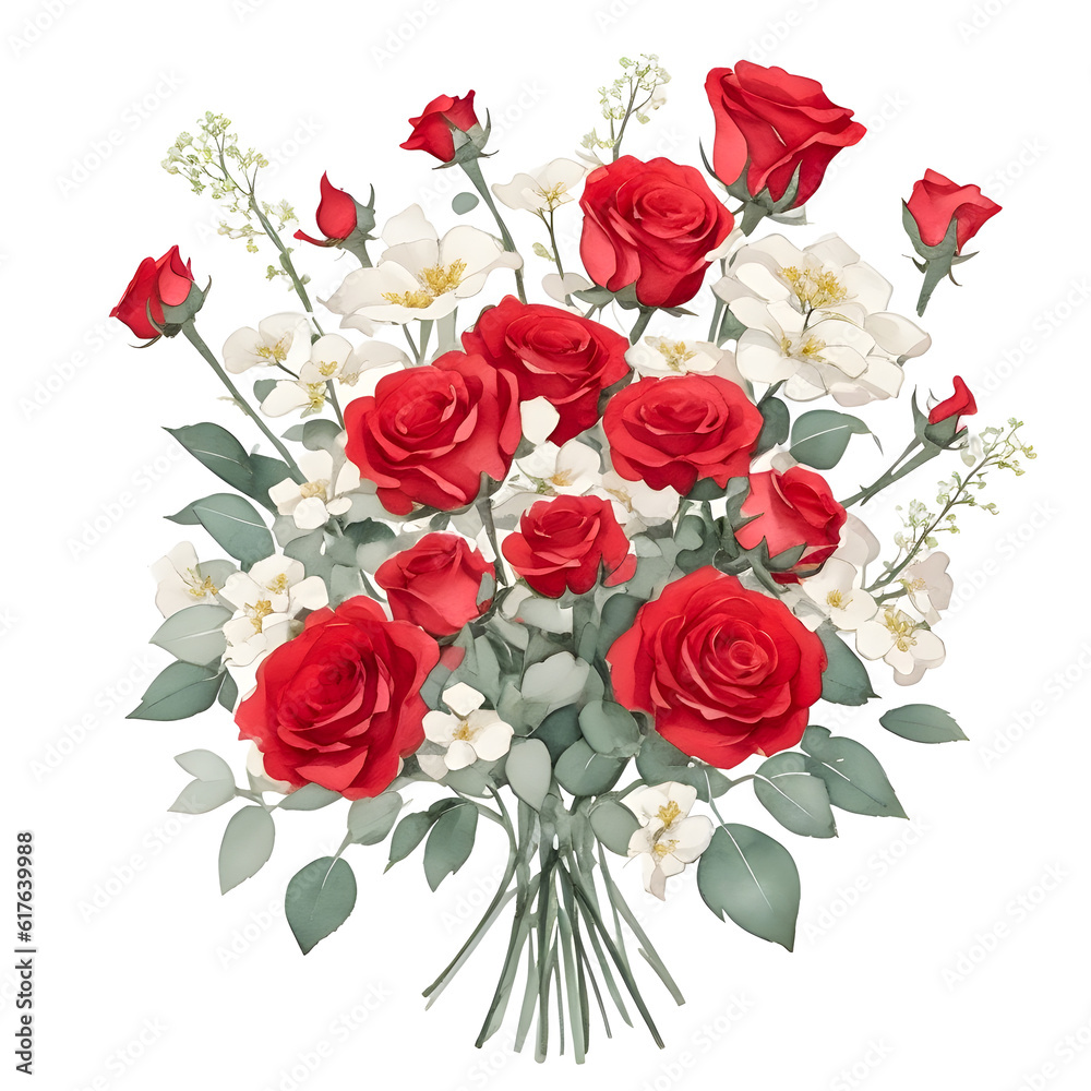 Fototapeta premium Watercolor of Bouquet of red roses and gypsophila on transparent background,generative ai
