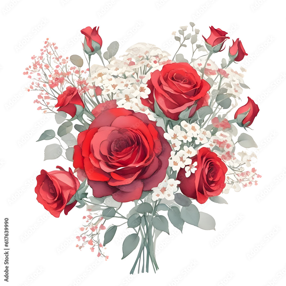 Fototapeta premium Watercolor of Bouquet of red roses and gypsophila on transparent background,generative ai