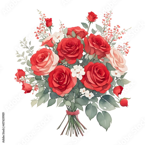 Watercolor of Bouquet of red roses and gypsophila on transparent background generative ai
