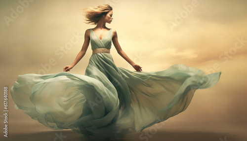 Young woman in wedding dress dances in nature at sunset generated by AI