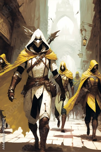 white masked soldies with yellow tabard marching through a city fantasy illustration 