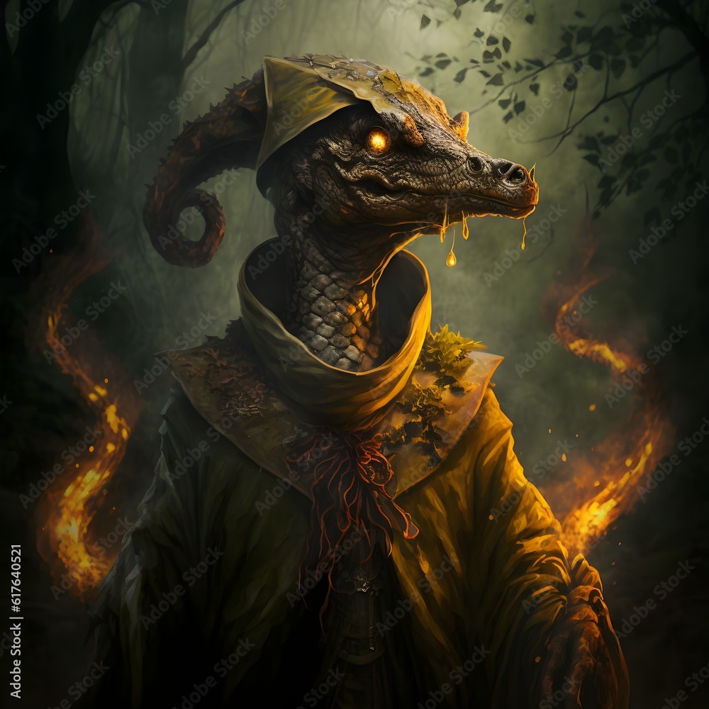 strange sorcerer kobold with golden scaly skin a large head with large golden snakelike eyes in a misty dark forest fire smirking hero pose from waste up hyperrealistic  - obrazy, fototapety, plakaty 