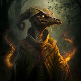 strange sorcerer kobold with golden scaly skin a large head with large golden snakelike eyes in a misty dark forest fire smirking hero pose from waste up hyperrealistic 